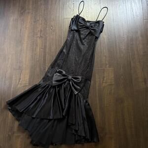Vintage 80s 90s Onyx Black Satin Bow Prom Homecoming Dress David Howard 7/8 XS S
